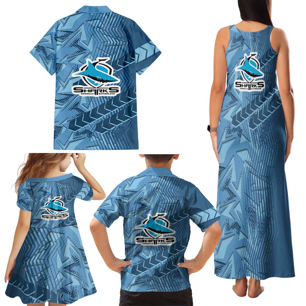 Cronulla Sutherland Sharks Rugby Family Matching Tank Maxi Dress and Hawaiian Shirt Fierce Mascot Geometric Tribal Art