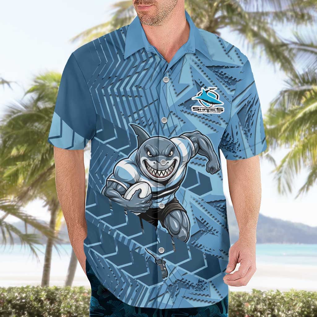 Cronulla Sutherland Sharks Rugby Hawaiian Shirt Fierce Mascot Geometric Tribal Art