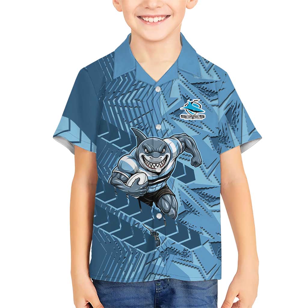 Cronulla Sutherland Sharks Rugby Kid Hawaiian Shirt Fierce Mascot Geometric Tribal Art