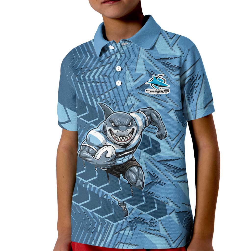 Cronulla Sutherland Sharks Rugby Kid Polo Shirt Fierce Mascot Geometric Tribal Art
