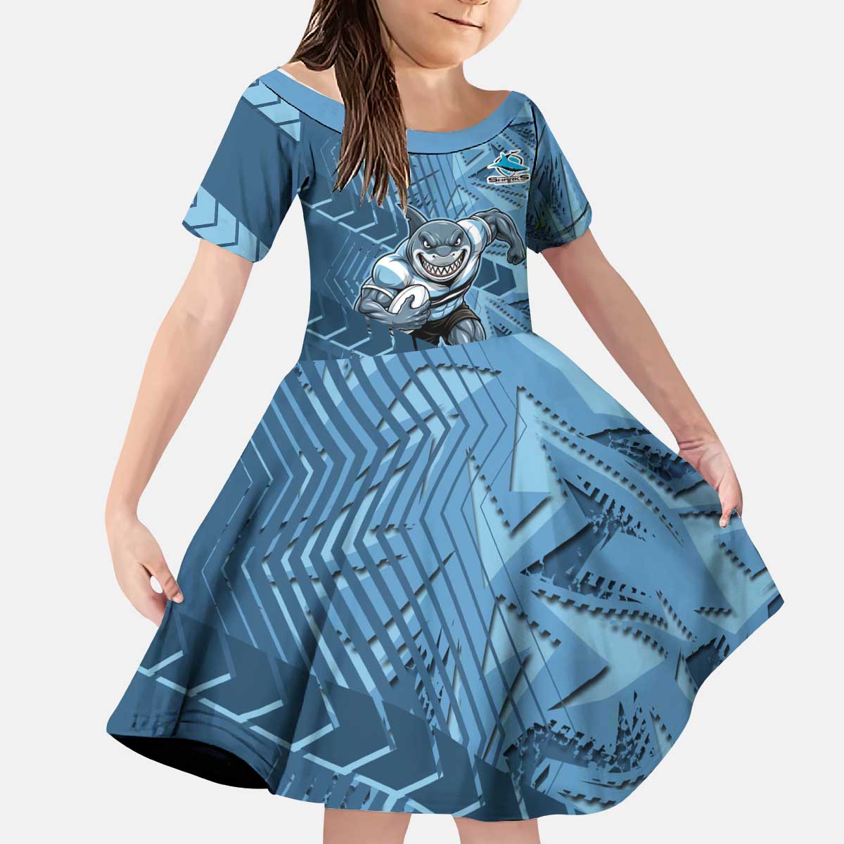 Cronulla Sutherland Sharks Rugby Kid Short Sleeve Dress Fierce Mascot Geometric Tribal Art