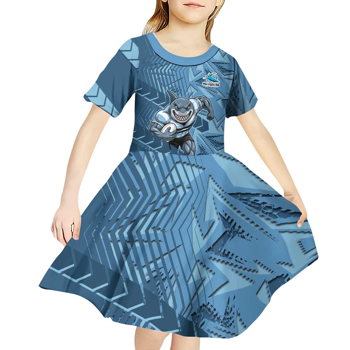 Cronulla Sutherland Sharks Rugby Kid Short Sleeve Dress Fierce Mascot Geometric Tribal Art