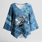Cronulla Sutherland Sharks Rugby Kimono Sleeve Blouse Fierce Mascot Geometric Tribal Art