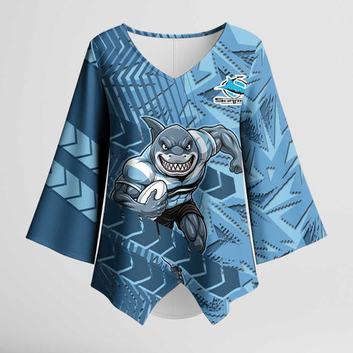 Cronulla Sutherland Sharks Rugby Kimono Sleeve Blouse Fierce Mascot Geometric Tribal Art