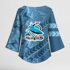 Cronulla Sutherland Sharks Rugby Kimono Sleeve Blouse Fierce Mascot Geometric Tribal Art