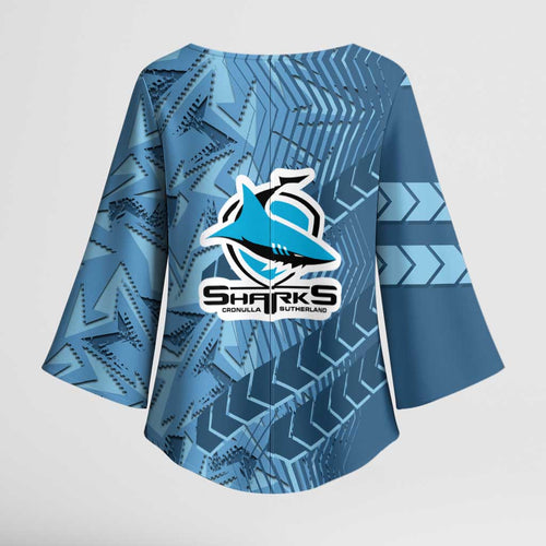 Cronulla Sutherland Sharks Rugby Kimono Sleeve Blouse Fierce Mascot Geometric Tribal Art