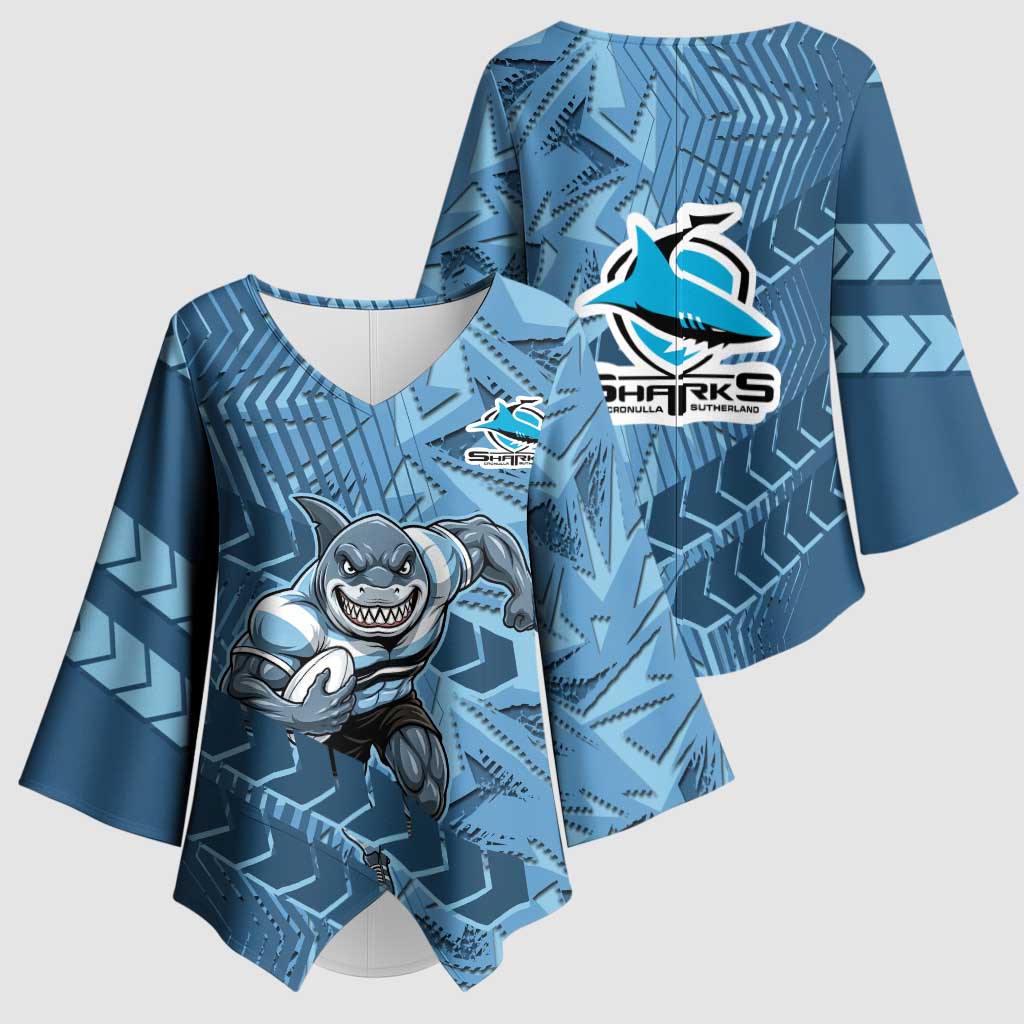 Cronulla Sutherland Sharks Rugby Kimono Sleeve Blouse Fierce Mascot Geometric Tribal Art