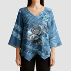 Cronulla Sutherland Sharks Rugby Kimono Sleeve Blouse Fierce Mascot Geometric Tribal Art