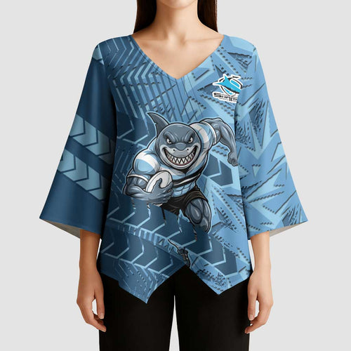 Cronulla Sutherland Sharks Rugby Kimono Sleeve Blouse Fierce Mascot Geometric Tribal Art