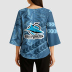 Cronulla Sutherland Sharks Rugby Kimono Sleeve Blouse Fierce Mascot Geometric Tribal Art