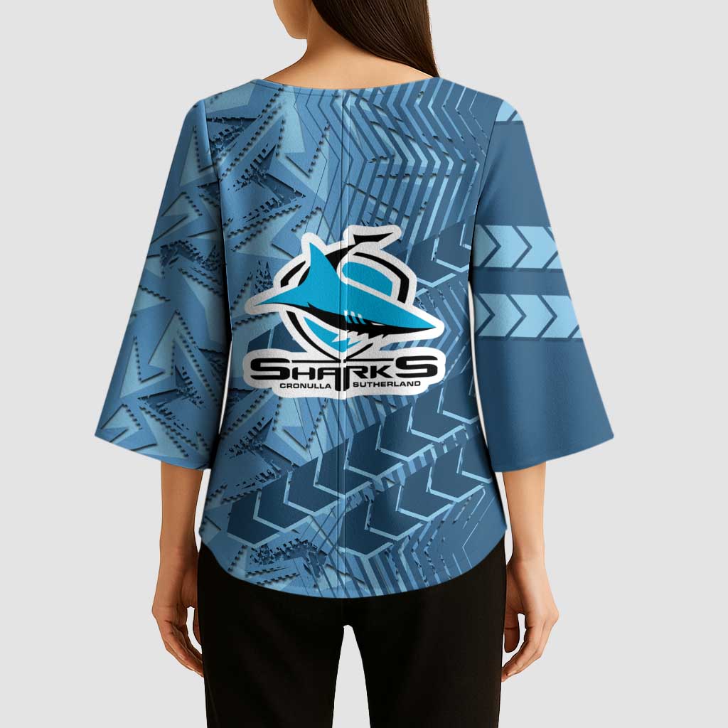Cronulla Sutherland Sharks Rugby Kimono Sleeve Blouse Fierce Mascot Geometric Tribal Art