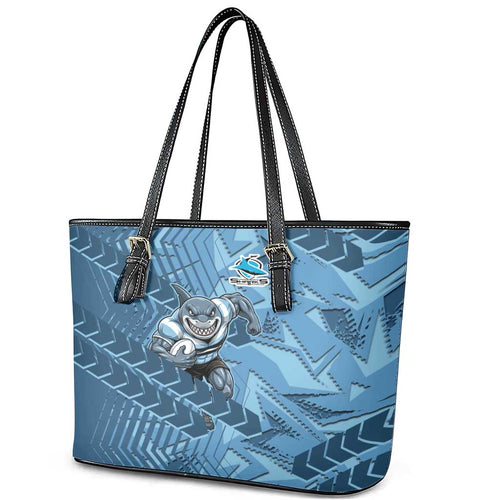 Cronulla Sutherland Sharks Rugby Leather Tote Bag Fierce Mascot Geometric Tribal Art