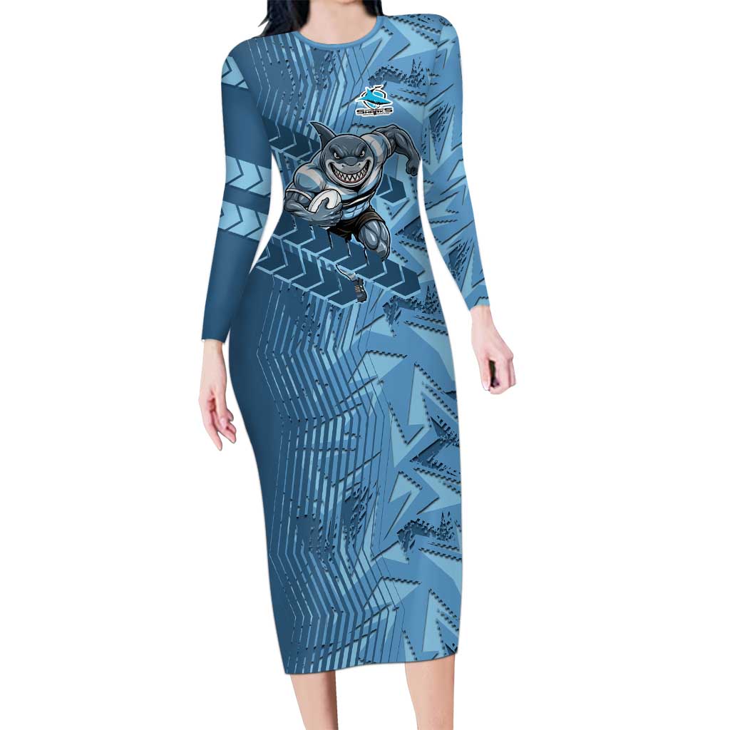 Cronulla Sutherland Sharks Rugby Long Sleeve Bodycon Dress Fierce Mascot Geometric Tribal Art