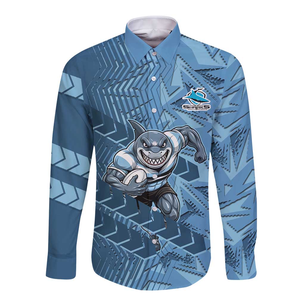 Cronulla Sutherland Sharks Rugby Long Sleeve Button Shirt Fierce Mascot Geometric Tribal Art