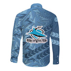 Cronulla Sutherland Sharks Rugby Long Sleeve Button Shirt Fierce Mascot Geometric Tribal Art