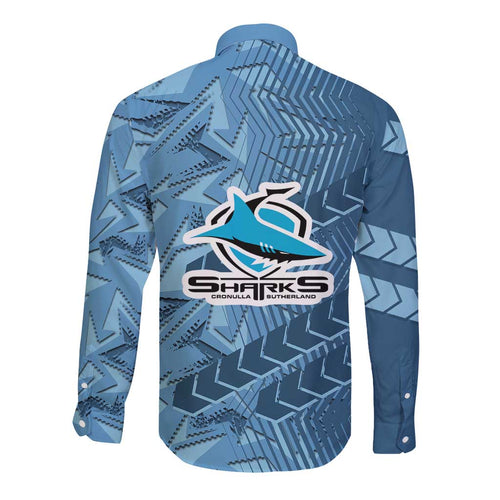 Cronulla Sutherland Sharks Rugby Long Sleeve Button Shirt Fierce Mascot Geometric Tribal Art