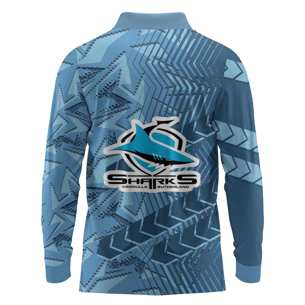 Cronulla Sutherland Sharks Rugby Long Sleeve Polo Shirt Fierce Mascot Geometric Tribal Art
