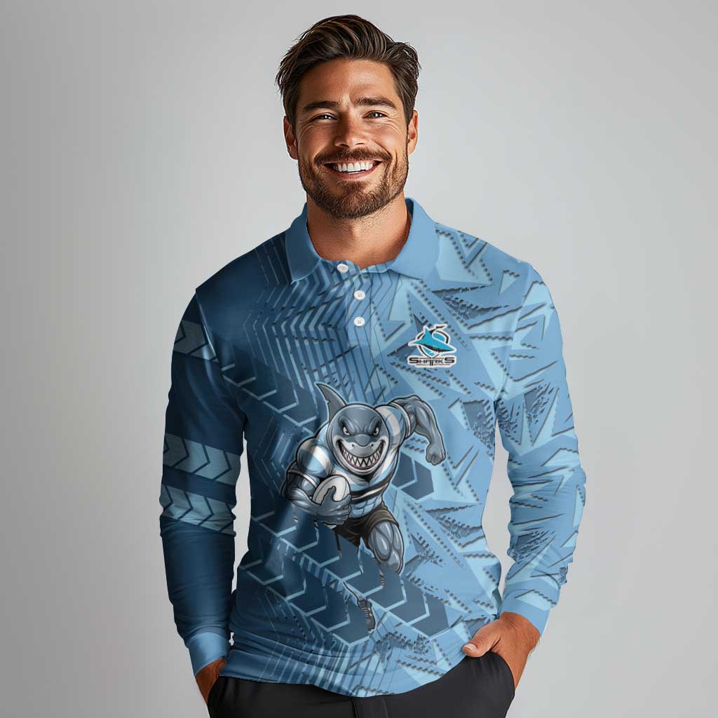 Cronulla Sutherland Sharks Rugby Long Sleeve Polo Shirt Fierce Mascot Geometric Tribal Art