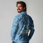 Cronulla Sutherland Sharks Rugby Long Sleeve Polo Shirt Fierce Mascot Geometric Tribal Art