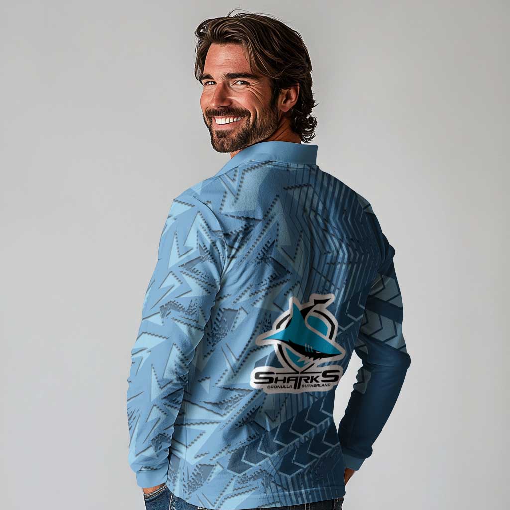 Cronulla Sutherland Sharks Rugby Long Sleeve Polo Shirt Fierce Mascot Geometric Tribal Art