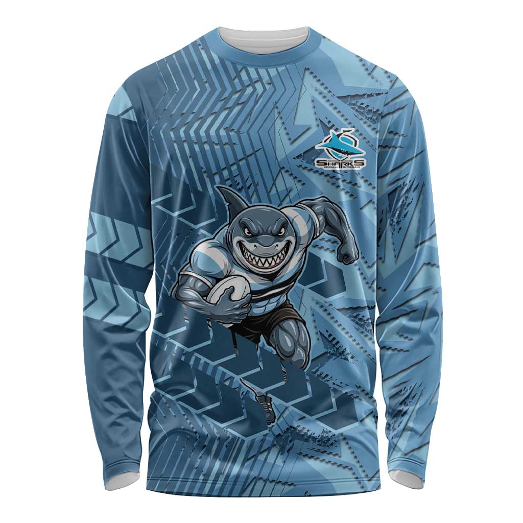 Cronulla Sutherland Sharks Rugby Long Sleeve Shirt Fierce Mascot Geometric Tribal Art
