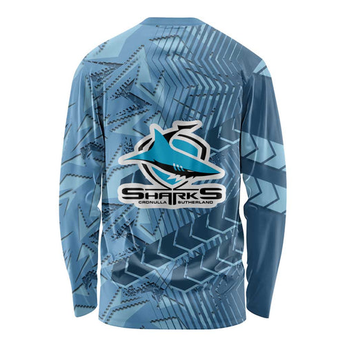 Cronulla Sutherland Sharks Rugby Long Sleeve Shirt Fierce Mascot Geometric Tribal Art