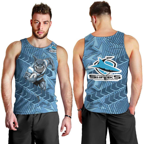 Cronulla Sutherland Sharks Rugby Men Tank Top Fierce Mascot Geometric Tribal Art