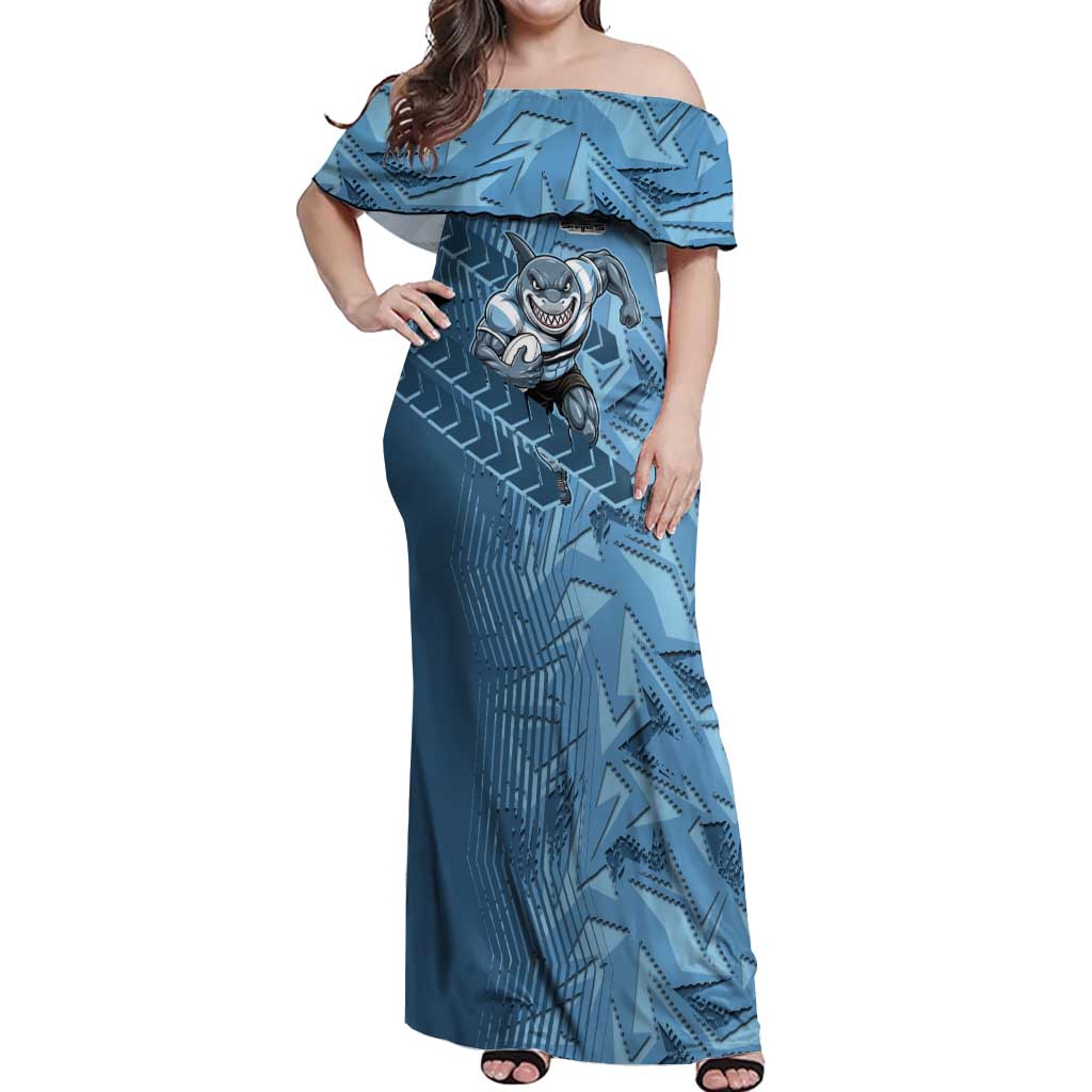 Cronulla Sutherland Sharks Rugby Off Shoulder Maxi Dress Fierce Mascot Geometric Tribal Art
