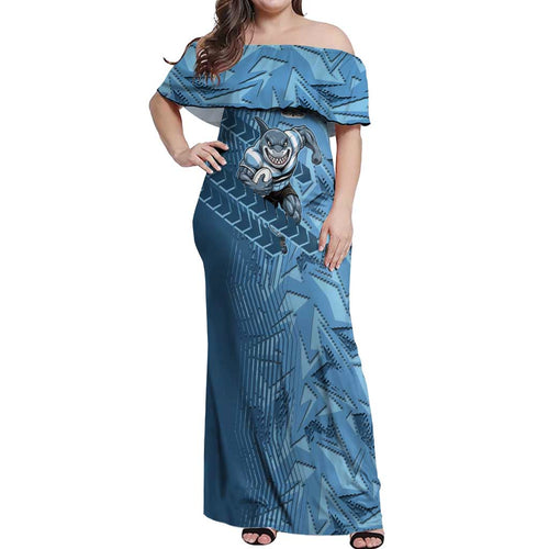 Cronulla Sutherland Sharks Rugby Off Shoulder Maxi Dress Fierce Mascot Geometric Tribal Art