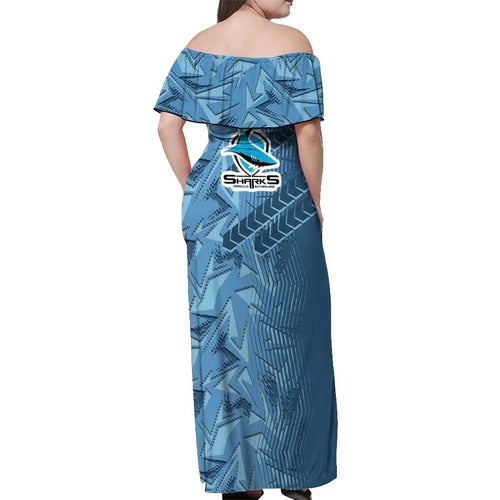 Cronulla Sutherland Sharks Rugby Off Shoulder Maxi Dress Fierce Mascot Geometric Tribal Art