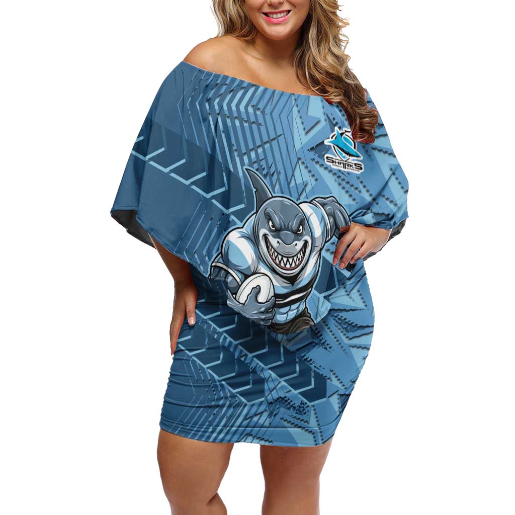 Cronulla Sutherland Sharks Rugby Off Shoulder Short Dress Fierce Mascot Geometric Tribal Art