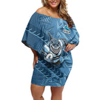 Cronulla Sutherland Sharks Rugby Off Shoulder Short Dress Fierce Mascot Geometric Tribal Art
