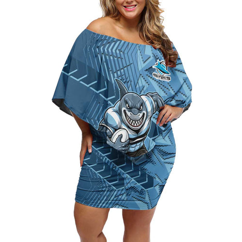 Cronulla Sutherland Sharks Rugby Off Shoulder Short Dress Fierce Mascot Geometric Tribal Art