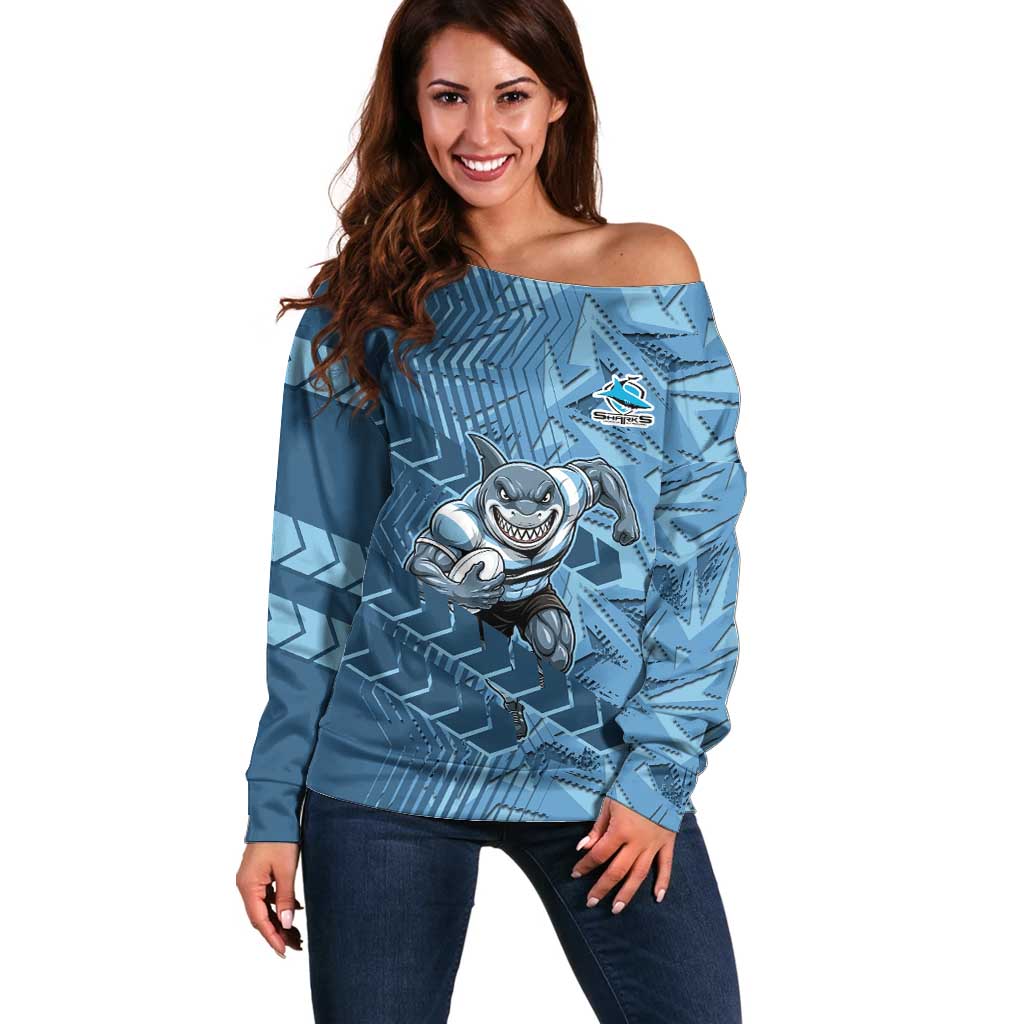 Cronulla Sutherland Sharks Rugby Off Shoulder Sweater Fierce Mascot Geometric Tribal Art