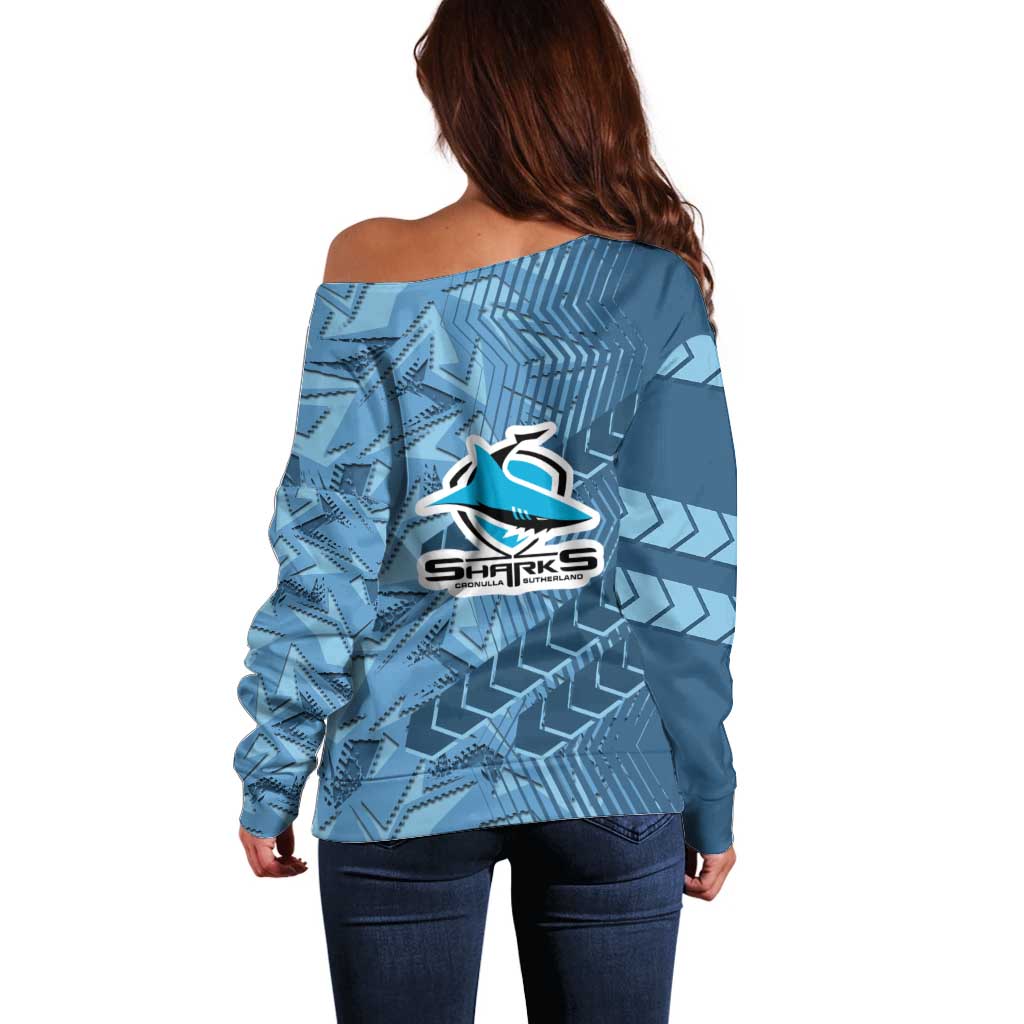 Cronulla Sutherland Sharks Rugby Off Shoulder Sweater Fierce Mascot Geometric Tribal Art