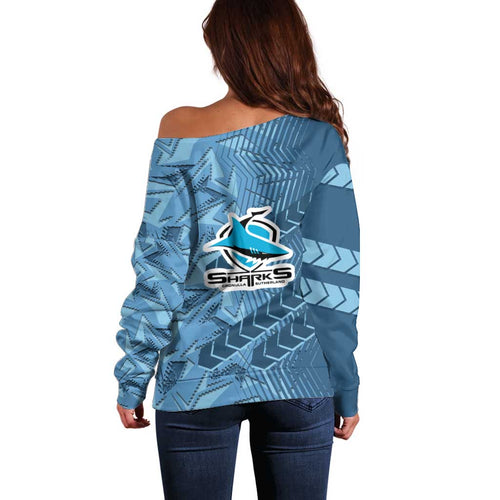 Cronulla Sutherland Sharks Rugby Off Shoulder Sweater Fierce Mascot Geometric Tribal Art