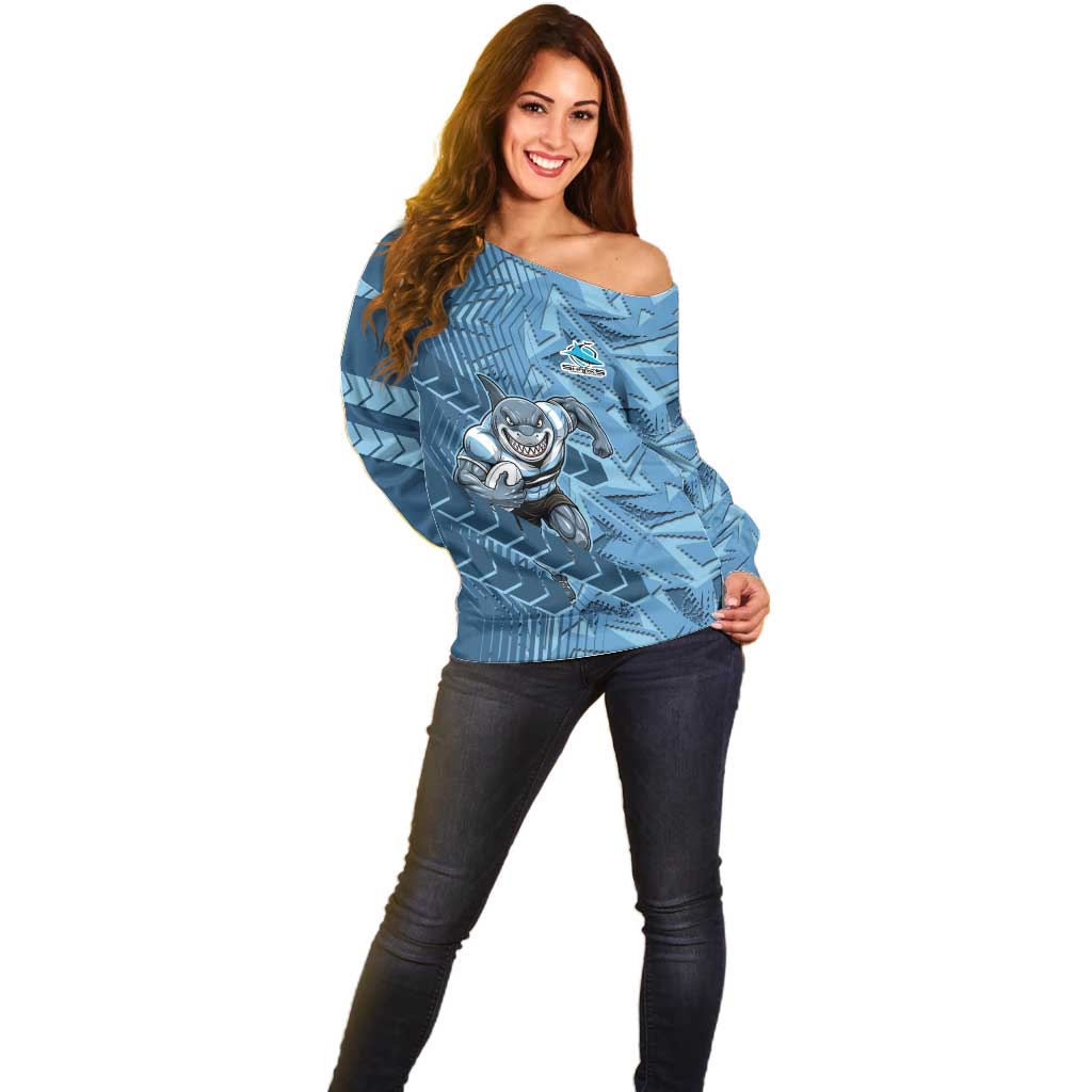 Cronulla Sutherland Sharks Rugby Off Shoulder Sweater Fierce Mascot Geometric Tribal Art