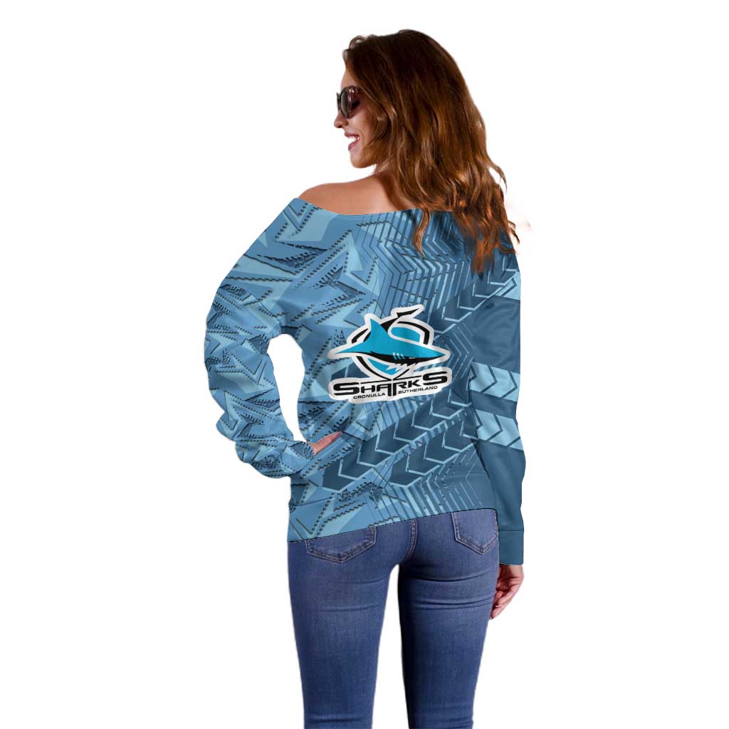Cronulla Sutherland Sharks Rugby Off Shoulder Sweater Fierce Mascot Geometric Tribal Art