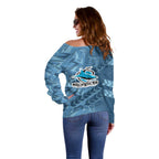 Cronulla Sutherland Sharks Rugby Off Shoulder Sweater Fierce Mascot Geometric Tribal Art