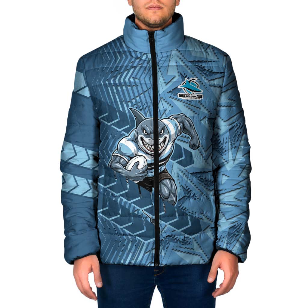 Cronulla Sutherland Sharks Rugby Padded Jacket Fierce Mascot Geometric Tribal Art