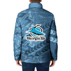 Cronulla Sutherland Sharks Rugby Padded Jacket Fierce Mascot Geometric Tribal Art