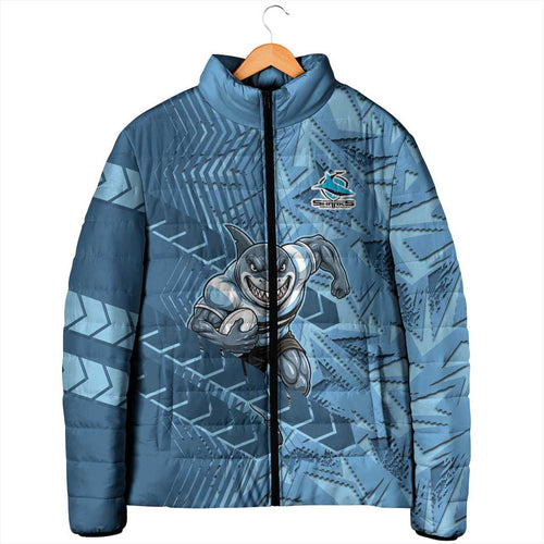 Cronulla Sutherland Sharks Rugby Padded Jacket Fierce Mascot Geometric Tribal Art