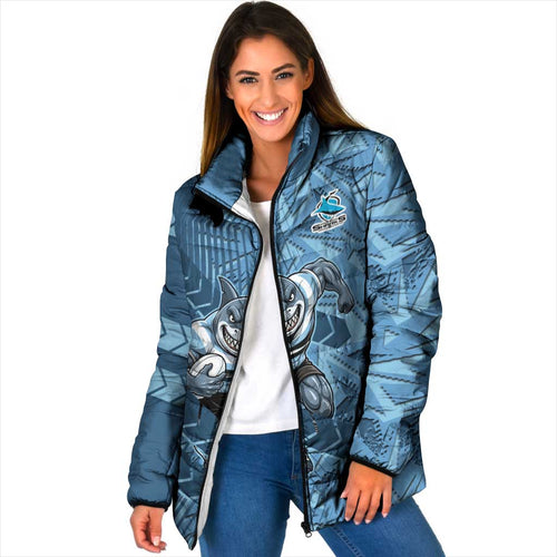 Cronulla Sutherland Sharks Rugby Padded Jacket Fierce Mascot Geometric Tribal Art