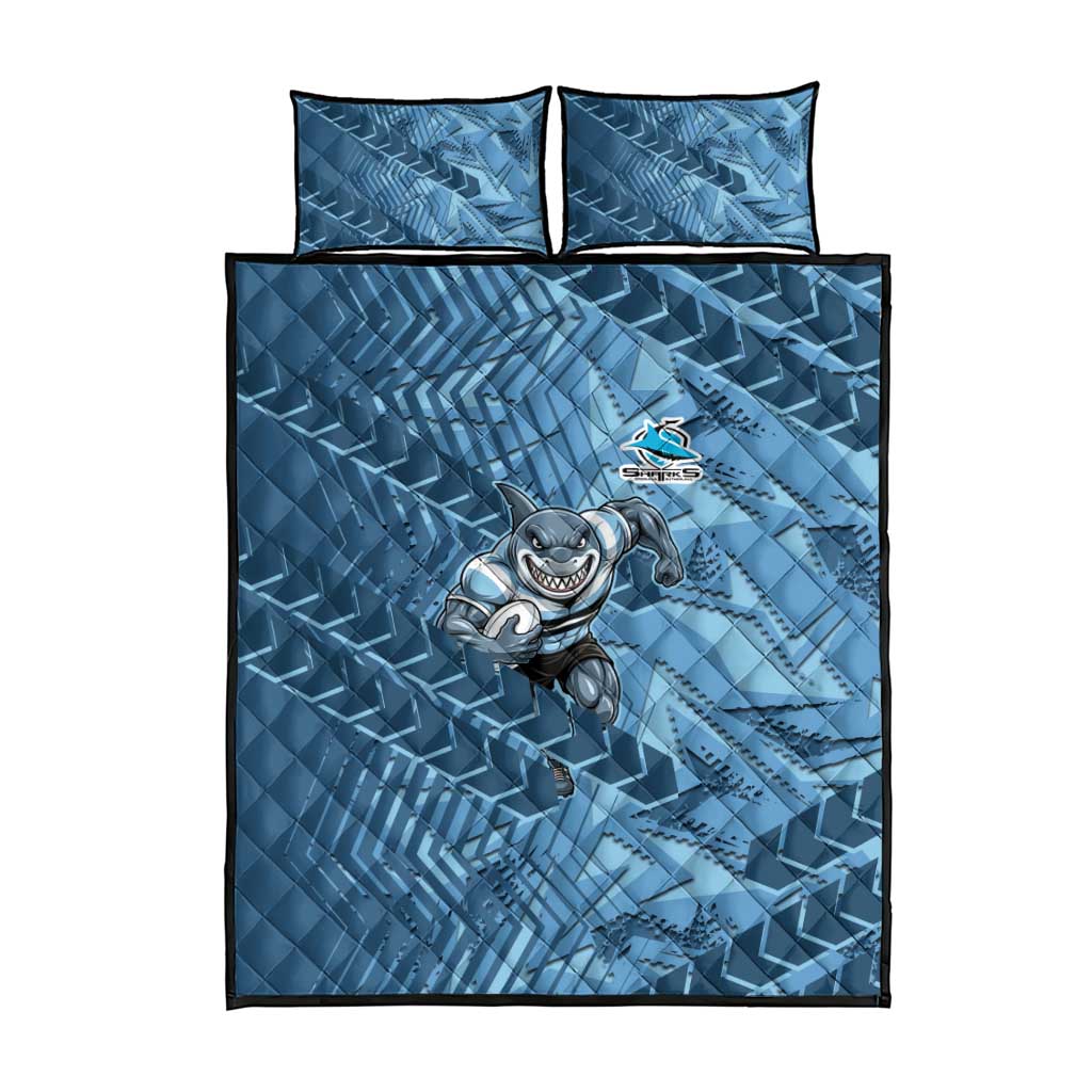 Cronulla Sutherland Sharks Rugby Quilt Bed Set Fierce Mascot Geometric Tribal Art