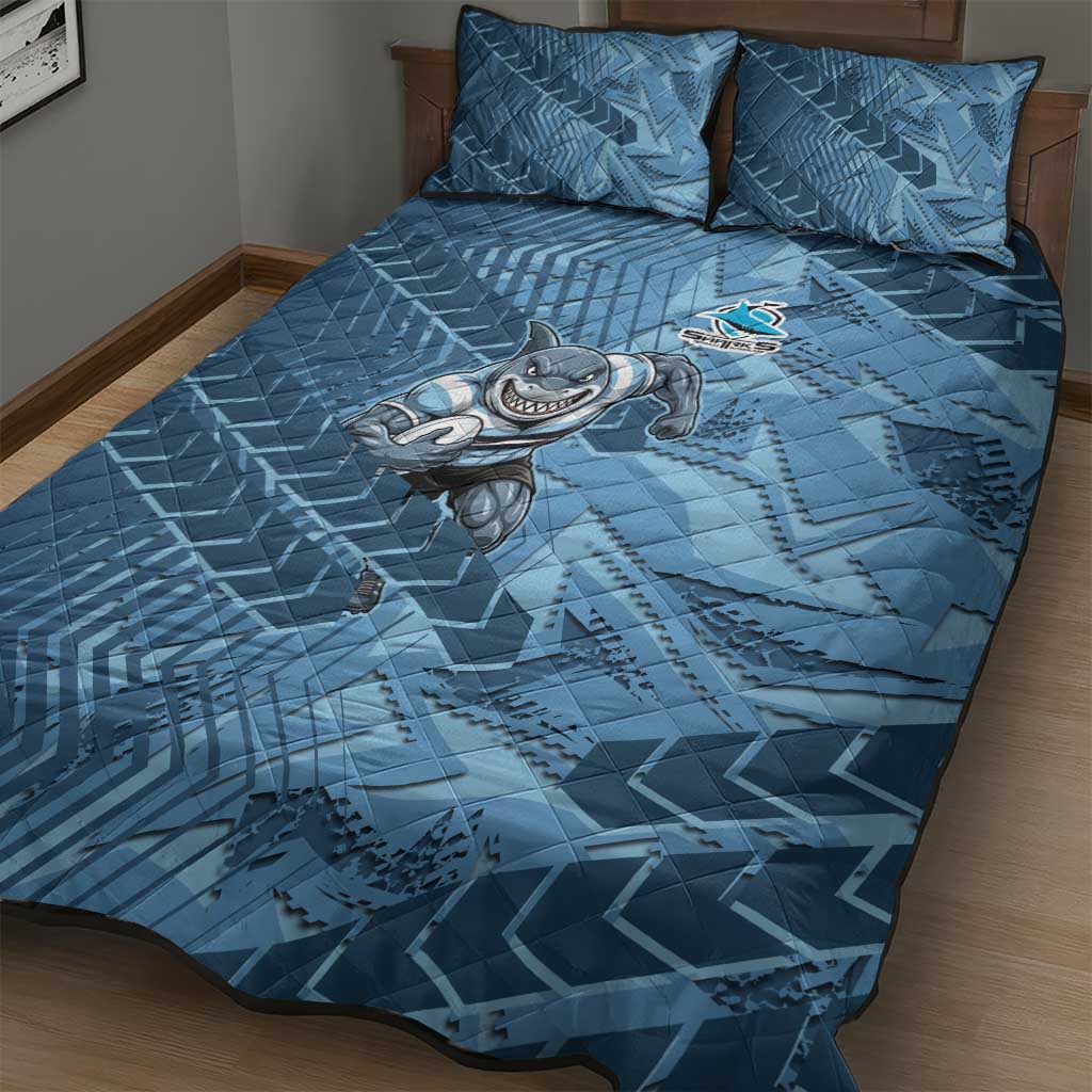 Cronulla Sutherland Sharks Rugby Quilt Bed Set Fierce Mascot Geometric Tribal Art