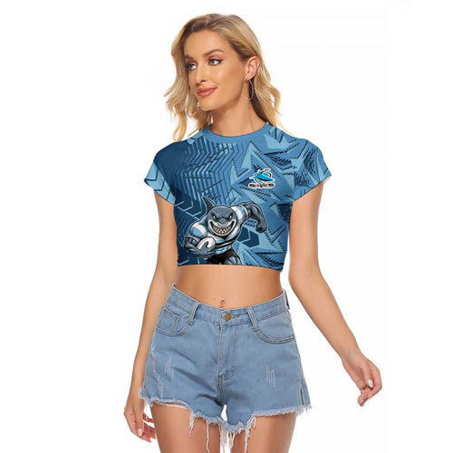 Cronulla Sutherland Sharks Rugby Raglan Cropped T Shirt Fierce Mascot Geometric Tribal Art