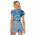 Cronulla Sutherland Sharks Rugby Raglan Cropped T Shirt Fierce Mascot Geometric Tribal Art