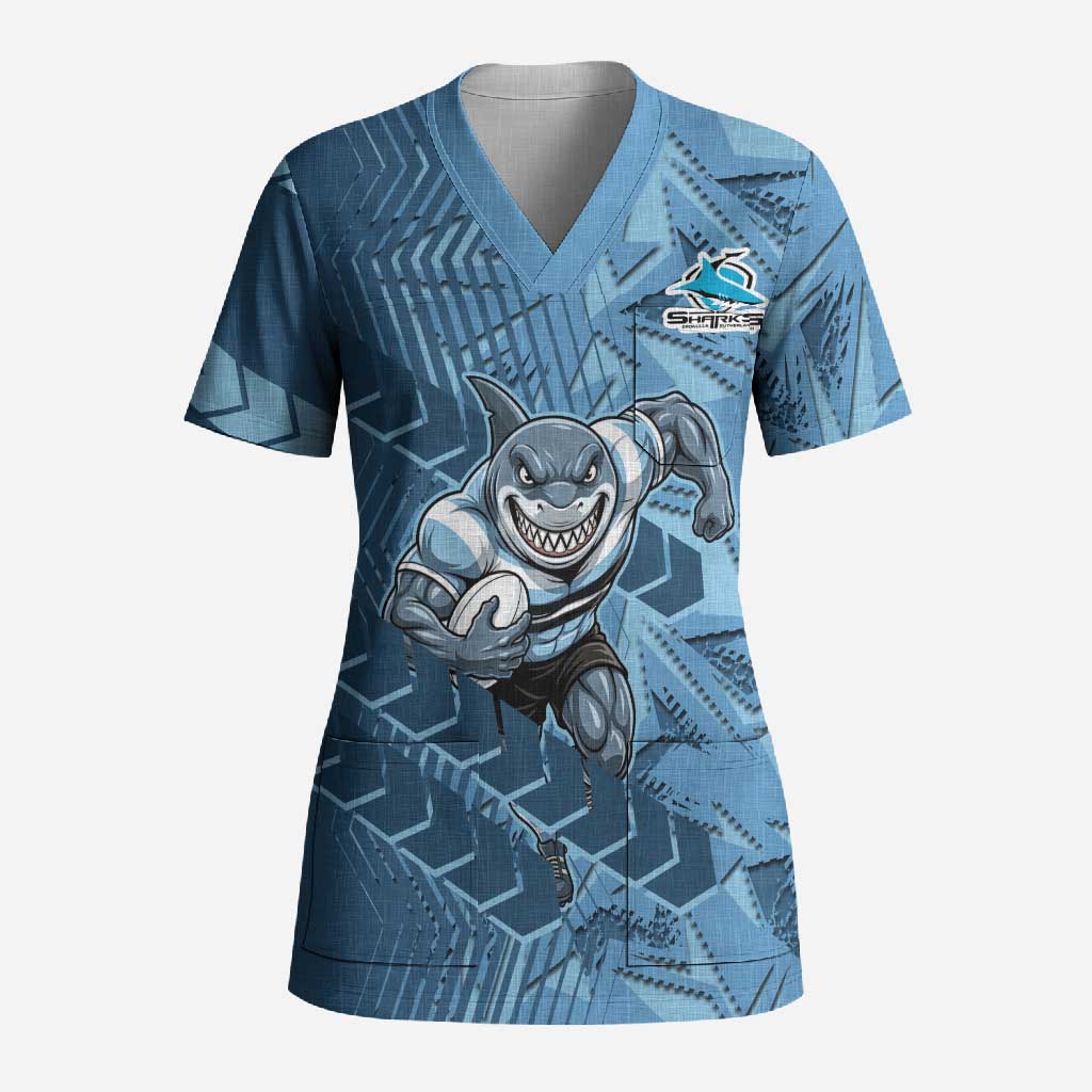 Cronulla Sutherland Sharks Rugby Scrub Top Fierce Mascot Geometric Tribal Art