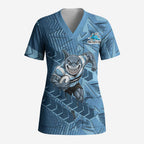 Cronulla Sutherland Sharks Rugby Scrub Top Fierce Mascot Geometric Tribal Art