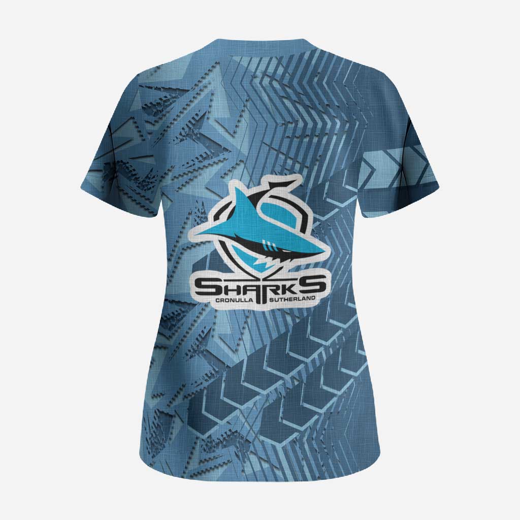 Cronulla Sutherland Sharks Rugby Scrub Top Fierce Mascot Geometric Tribal Art